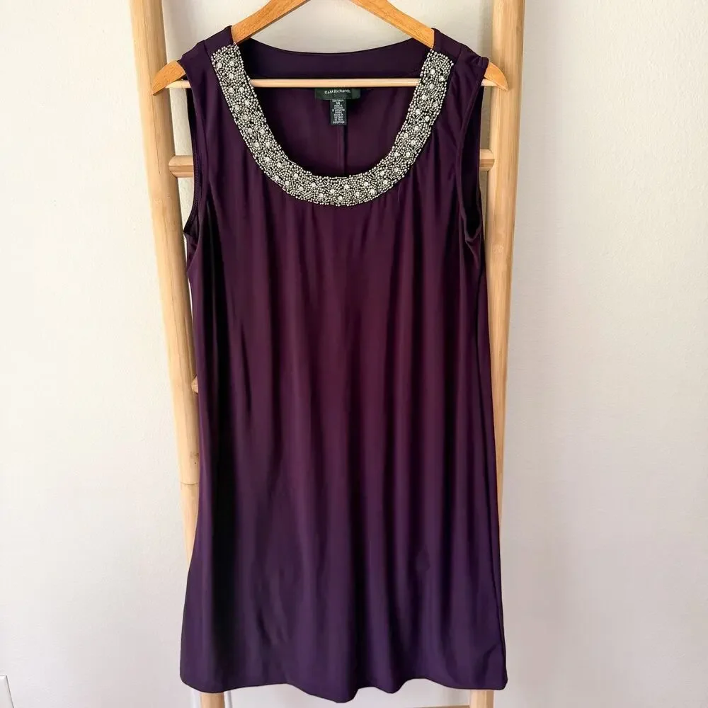 R&M Richards Purple Beaded Sheer Sleeve 2 Piece Jacket Dress Size 14